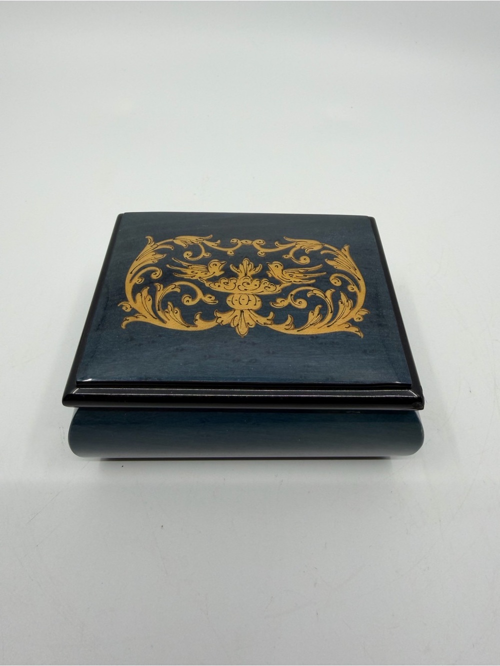 Navy Blue wood with inlay jewelry box with velvet lining